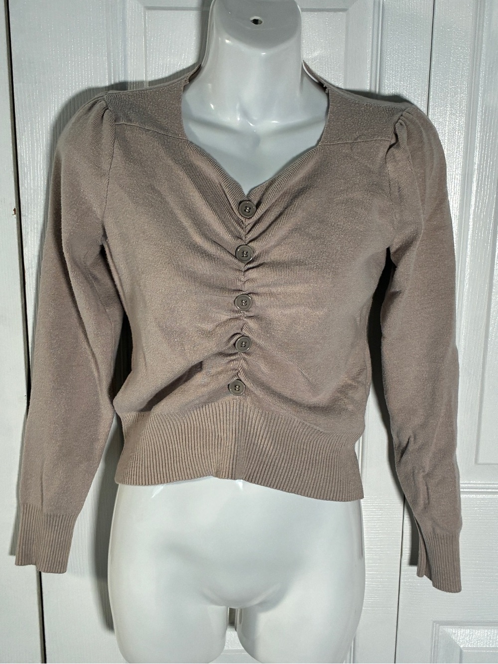 Sucrefas Tan Faux Button Up Ruched Cropped Sweater